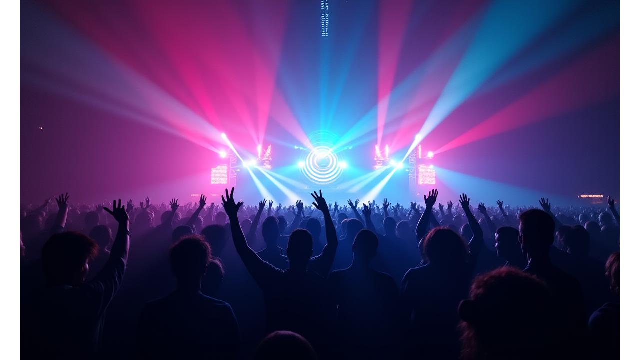 Panoramic view of a vibrant electronic music festival crowd with laser lights and fog