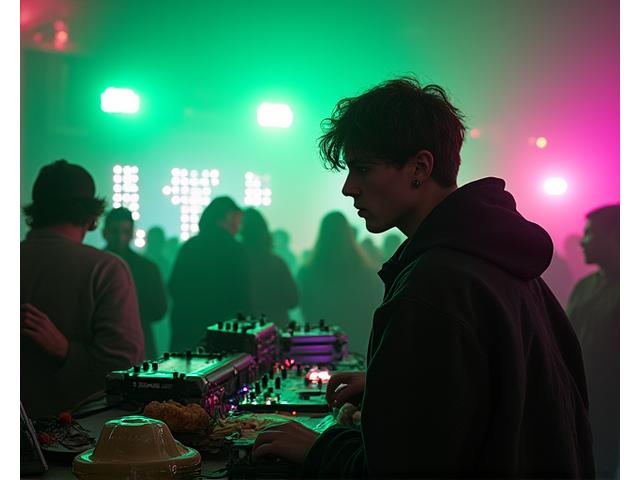 DJ chatting casually in a vibrant festival green room before a set