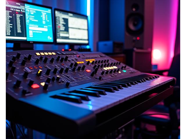 Artist's recording studio with mixing console and acoustic panels, neon accents