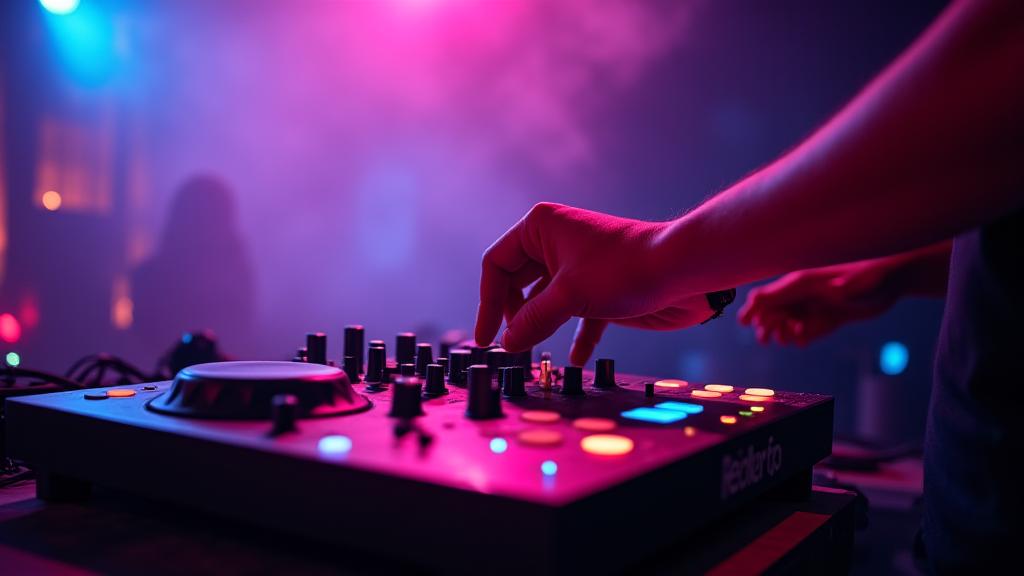 DJ's hands on a mixing board with vibrant neon lighting and energy flares