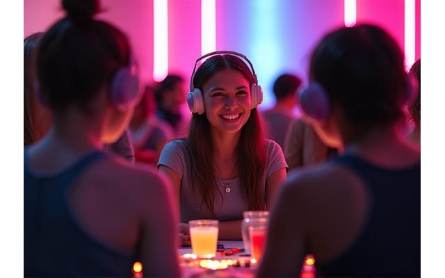A diverse group of electronic music enthusiasts interacting at a community meetup, smiling and connecting, vibrant lighting.