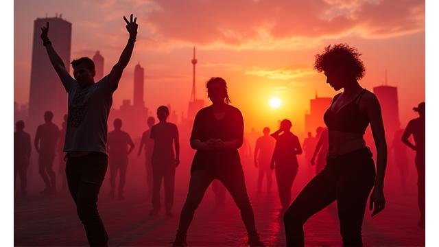 Dancers silhouetted against a backdrop of historic Detroit buildings at Movement Electronic Music Festival.