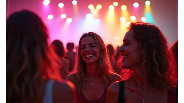A diverse crowd dancing in front of a colorful stage at Okeechobee Music & Arts Festival.
