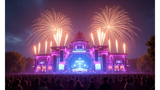 The magnificent main stage of Tomorrowland Festival illuminated at night with fireworks.