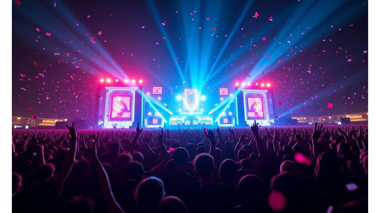 Thousands of festival-goers cheering at a vibrant electronic music festival main stage, lasers cutting through neon lights.