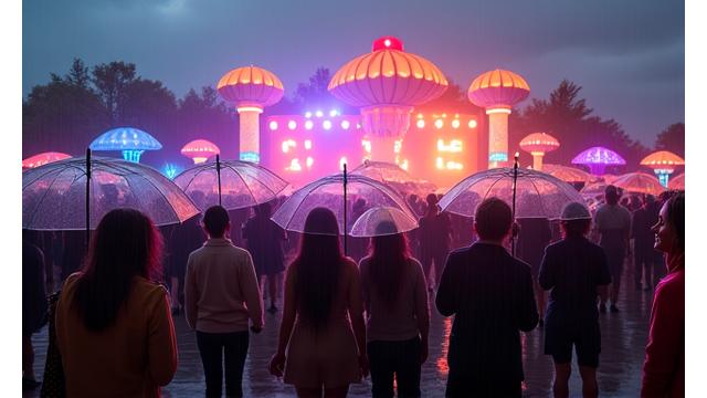 Crowd huddling under umbrellas during rain at Beyond Wonderland.