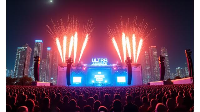Fireworks exploding over the Ultra Music Festival main stage in Miami.