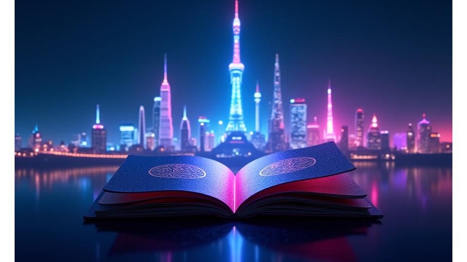 Passport with neon lines and abstract global cityscapes representing international travel