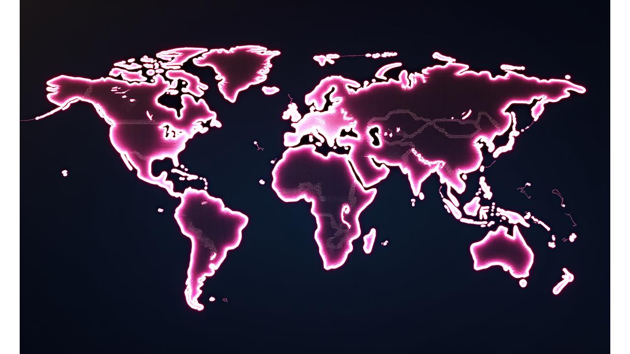 Abstract world map glowing with neon festival location markers
