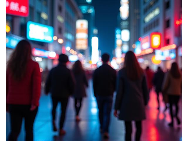 Group of friends exploring a vibrant, neon-lit urban landscape during a night out, with futuristic architecture