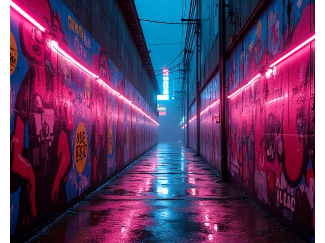 Neon-illuminated street art in a vibrant alleyway in Los Angeles