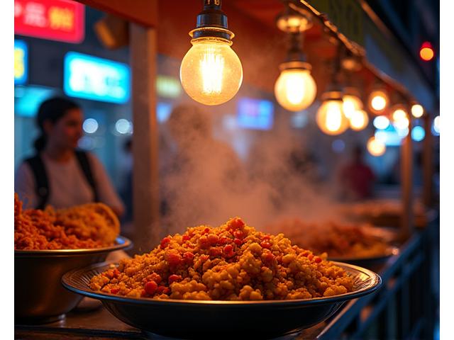 Vibrant street food stall with neon signs in a bustling city at night