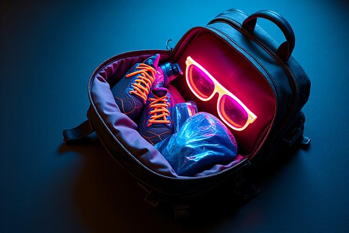 A neon-lit backpack with various festival essentials, including glow sticks and comfortable shoes, on a dark background.