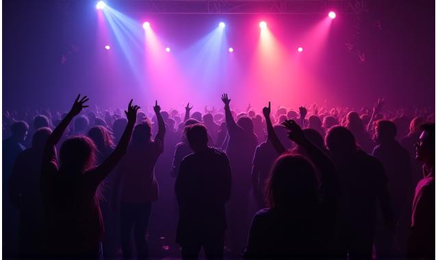 Energetic crowd under vibrant neon lights at a Florida festival stage