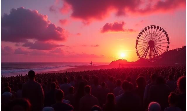 Sunset over a crowded music festival stage with a glowing Ferris wheel on the California coast