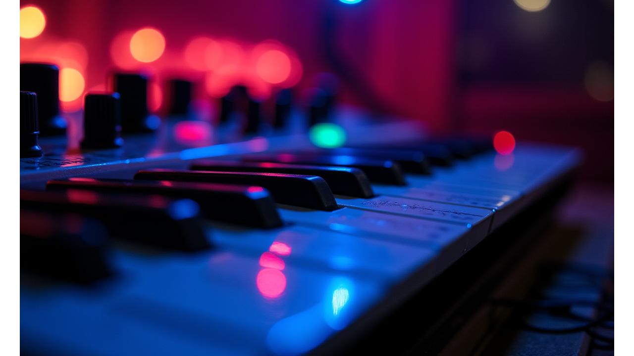 Close-up of a vintage analog synthesizer with neon lights, symbolizing deep music analysis