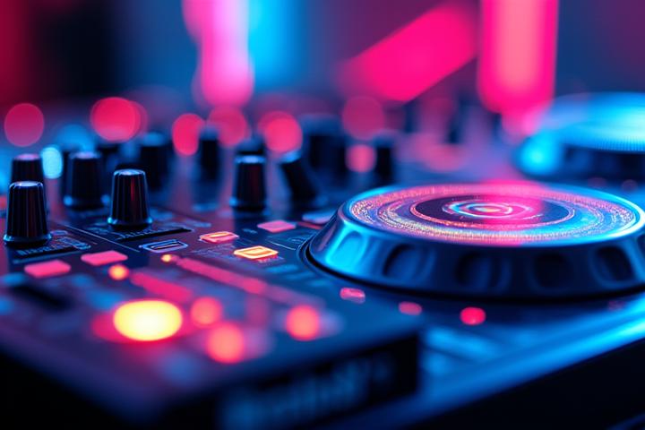 Futuristic DJ setup with holographic controls and intricate sound waves, symbolizing innovation
