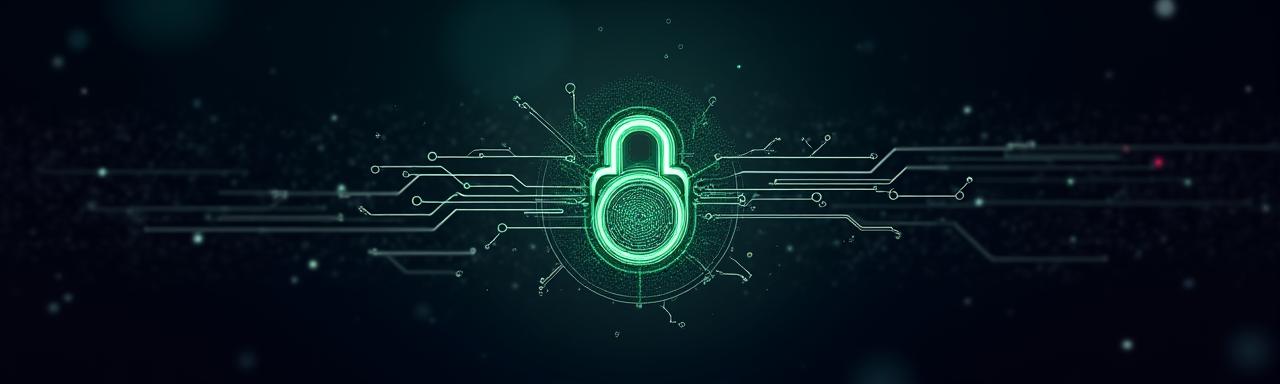 Abstract graphic of a secure digital lock with neon circuits