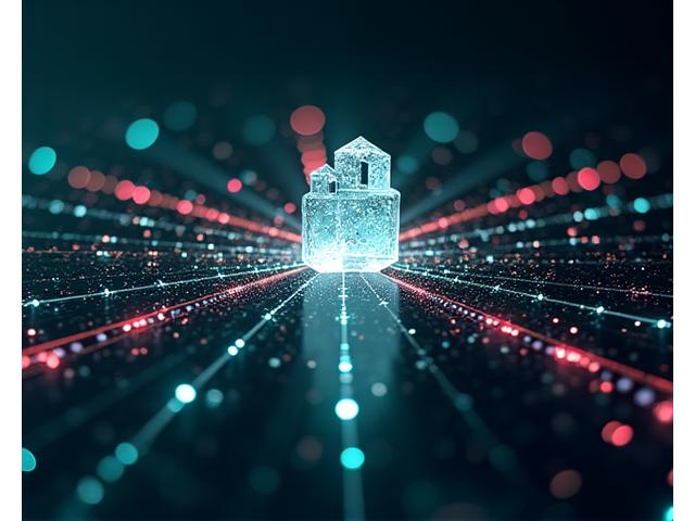Abstract glowing data streams converging into a central secure node