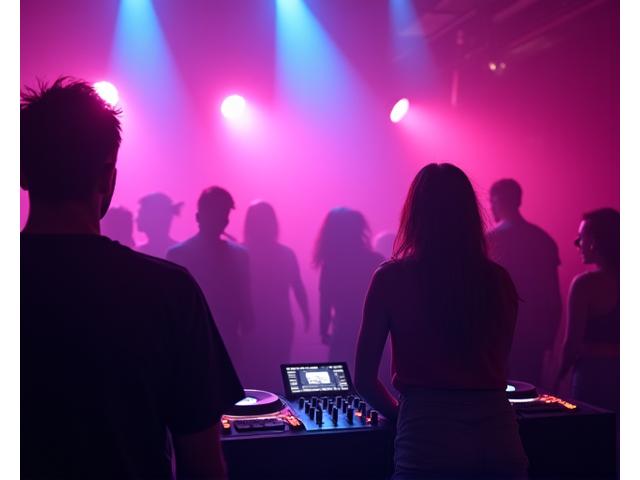 Intimate club night with DJ backlit by colorful strobes and dancing patrons