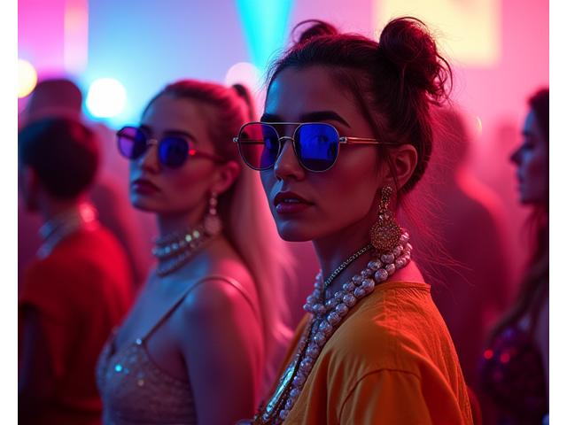 Diverse and colorful rave fashion on attendees, showcasing current styles