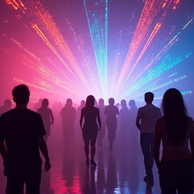 Interactive light art installation creating mesmerizing patterns on dancers