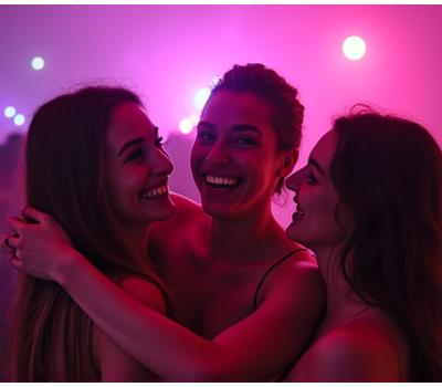 Group of friends embracing and smiling in a colorful rave environment