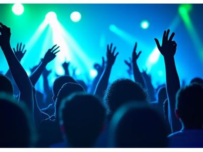 Ecstatic crowd hands raised, lit by lasers at a packed rave