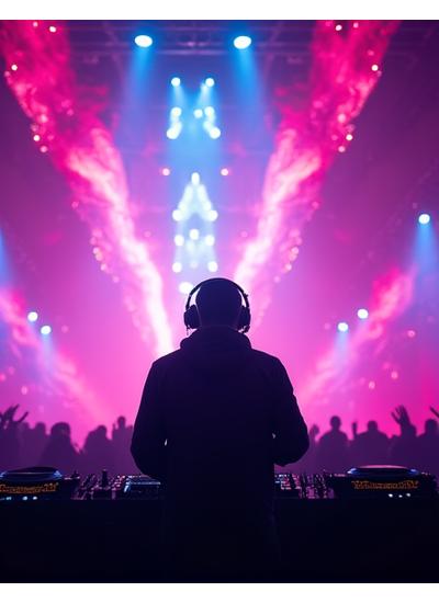 Dynamic shot of DJ on stage, silhouetted against dazzling LED visuals