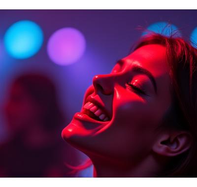 Close-up of a raver's face expressing pure joy and freedom