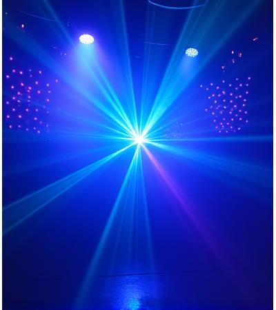 Intricate laser light show illuminating a smoky dancefloor