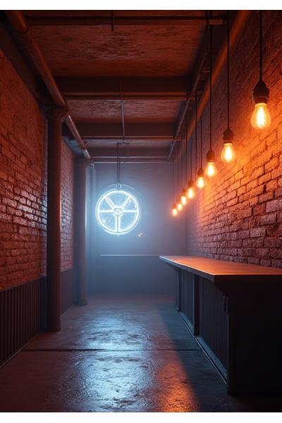 Unique underground venue interior with art installations and subtle lighting