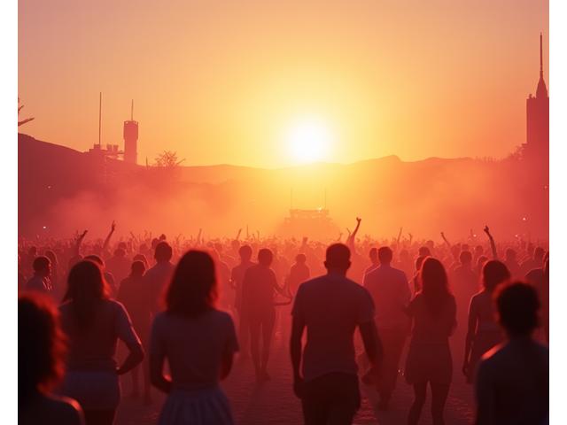 Open-air rave at sunrise with panoramic view of dancing crowd