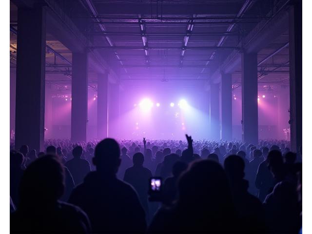 Vast warehouse rave with industrial lighting and dense crowd