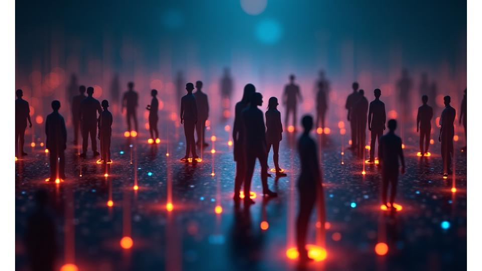 Diverse group of people engaging in online discussion with neon lines connecting them, symbolizing community guidelines.