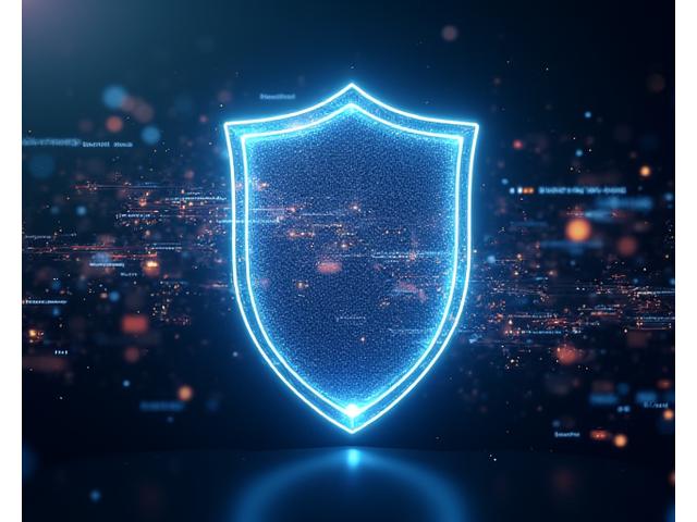 A futuristic, glowing shield icon protecting abstract data streams, symbolizing legal disclaimers and liability limits.