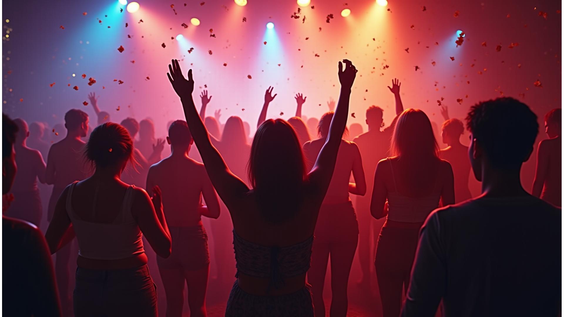 Diverse group of people dancing joyfully in a vibrant, inclusive electronic music event bathed in neon glow, representing queer and underground rave culture.