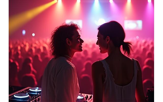 LGBTQ+ DJs performing at an inclusive, open-air electronic music event, bathed in colorful stage lights with a crowd joyfully dancing, highlighting diversity.