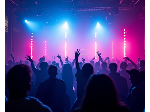 Energetic crowd dancing in a dimly lit, industrial-style underground rave setting, with neon streaks and a DJ booth in the background, conveying authentic LA subculture.
