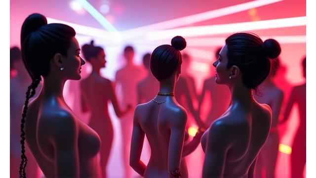 Diverse group of digital avatars interacting in a futuristic virtual social space with neon light trails