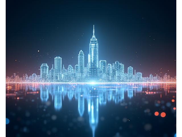 Holographic projection of a futuristic city skyline with music waveform patterns emanating, symbolizing technological evolution in entertainment