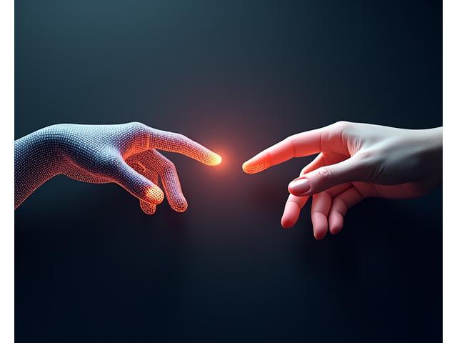 Two hands reaching towards each other, one made of digital pixels and the other organic, symbolizing the merging of virtual and physical events