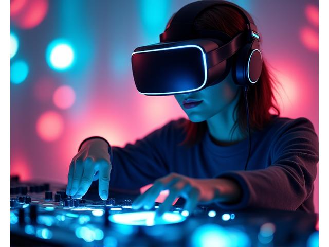 Person wearing VR headset, hands glowing with neon light, interacting with a virtual DJ deck in a digital environment