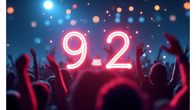 Dynamic review score graphic with neon lines overlaid on a blurred image of a virtual concert audience