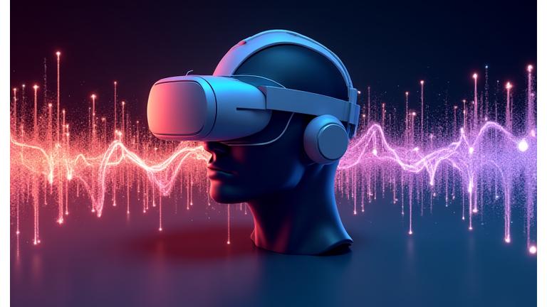 Abstract render of a VR headset merging with sound waves and digital particles, representing immersive audio-visual experience